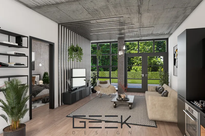 3D-interieur · Woonkamer aan de tuin