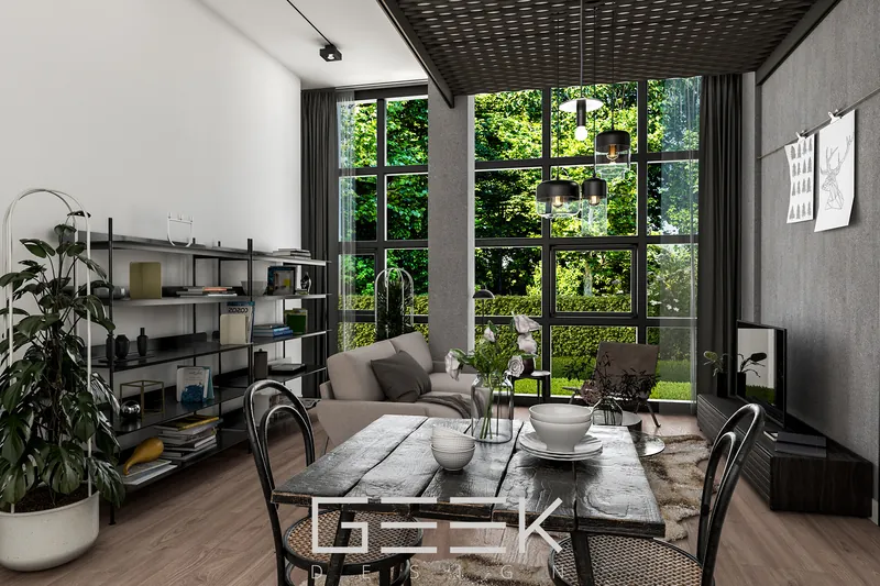 3D-interieur · Industriële loft